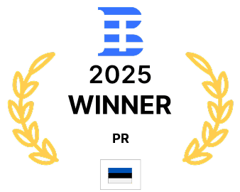 Winner 2025 PR award badge featuring golden laurel wreaths and recognition for excellence in public relations