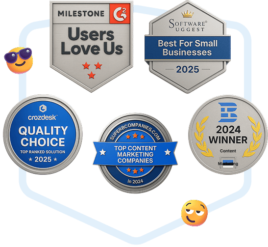 Collection of Collaborator software award badges, including G2 Milestone Users Love Us and 2024–2025 recognitions from Software Suggest, Crozdesk, and Top Content Marketing Companies