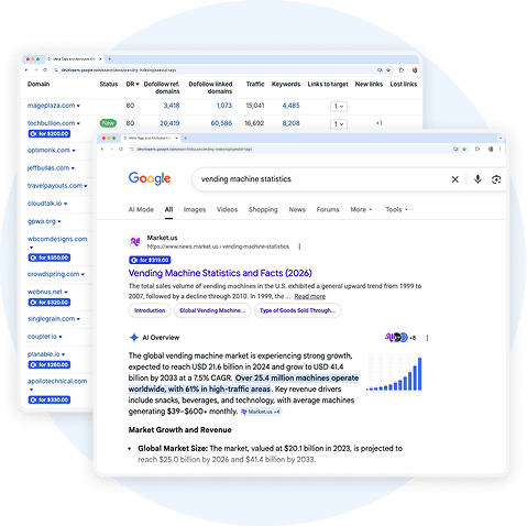 Collaborator Link Assistant showing placement availability and prices on Collaborator next to domains in Google search results and Ahrefs backlink report