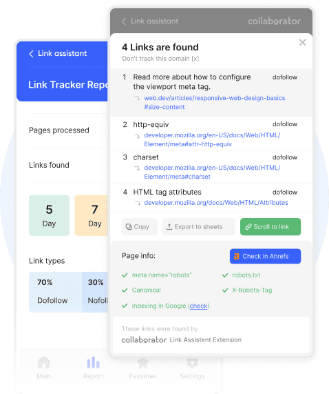 Collaborator Link Assistant showing backlink detection with a list of found links and a report dashboard with link statistics and attributes