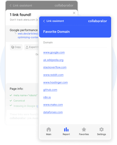 Collaborator Link Assistant showing backlink details with link attributes and a favorites list of saved domains for analysis and outreach