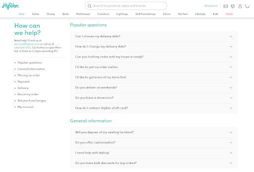 Страница FAQ Хипван, мебельного магазина 