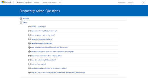 Раздел часто задаваемых вопросов Microsoft 